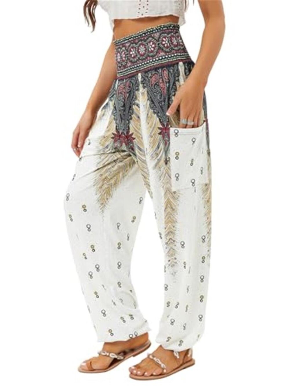 Women High Waist Harem Yoga Pants Boho Wide Leg Pockets Floral Palazzo White